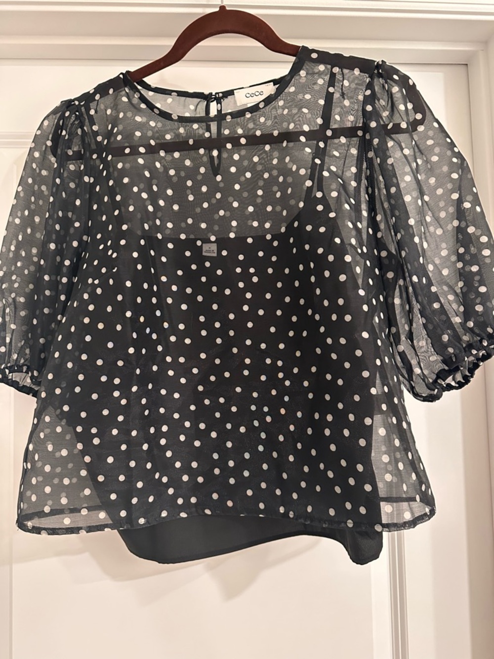 CeCe Black and White Polka Dot Puff Sleeve Blouse - Picture 4 of 6